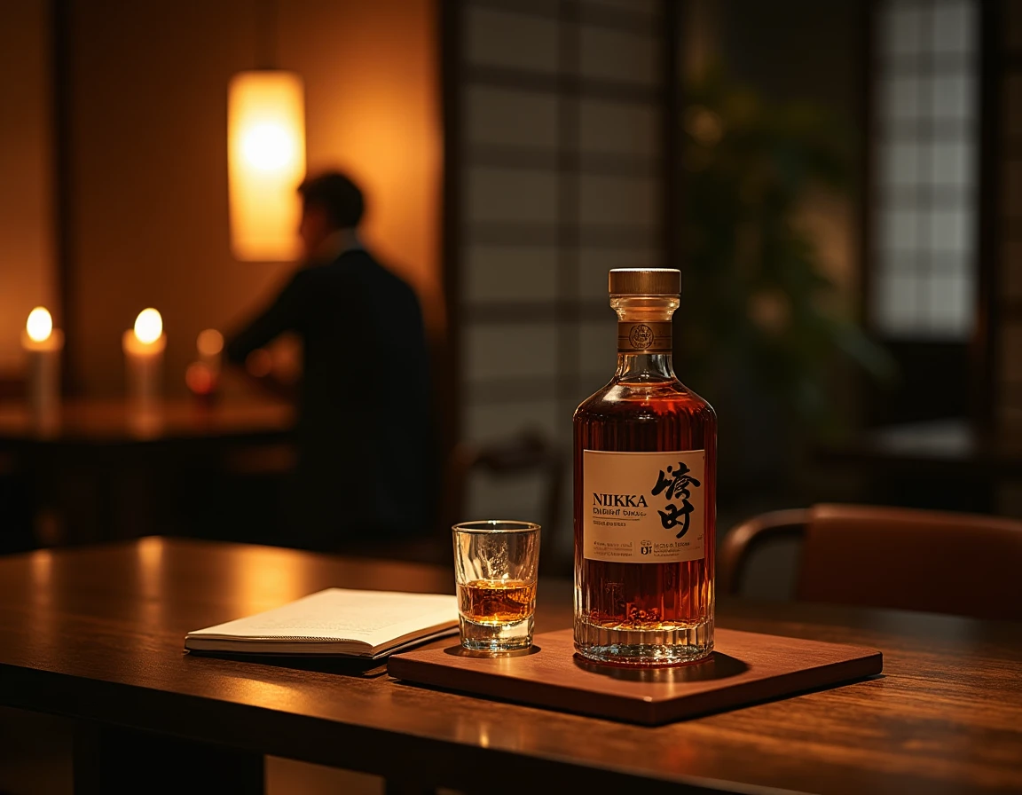 Atmospheric lifestyle shot inside a moody Japanese-style whisky tasting room, low wooden table with tatami-mat backgroun