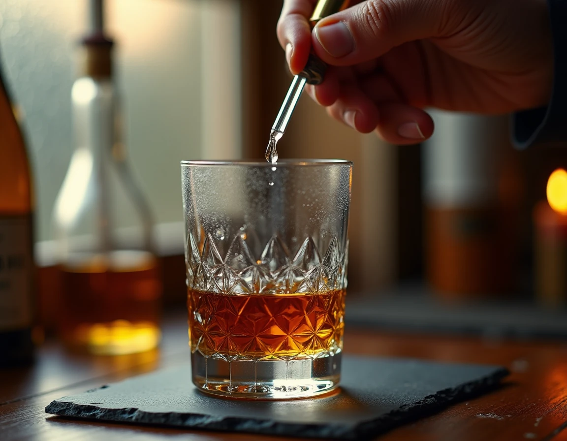 Close-up action shot of a hand carefully adding a single drop of water from a small pipette into a Glencairn glass fille