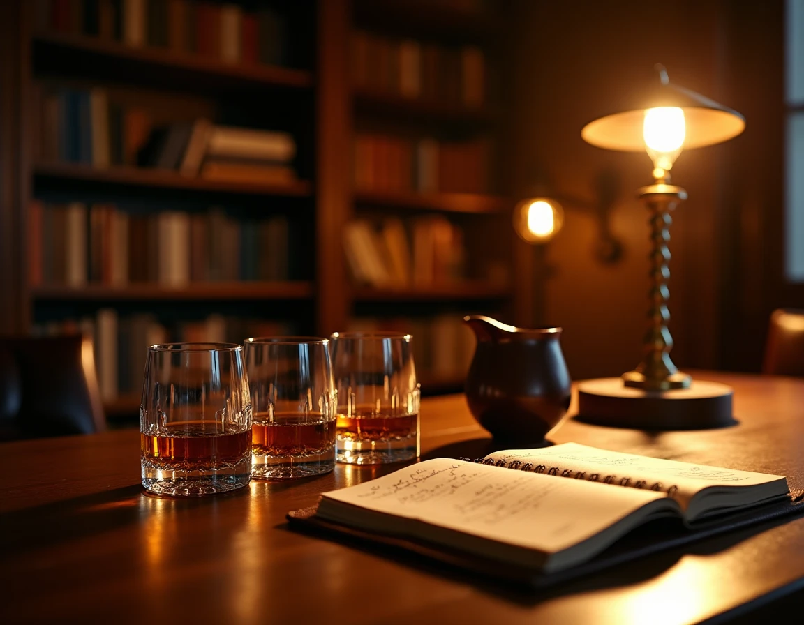 Wide atmospheric shot of a whisky tasting setup on a heavy oak library table, three whisky glasses at different fill lev