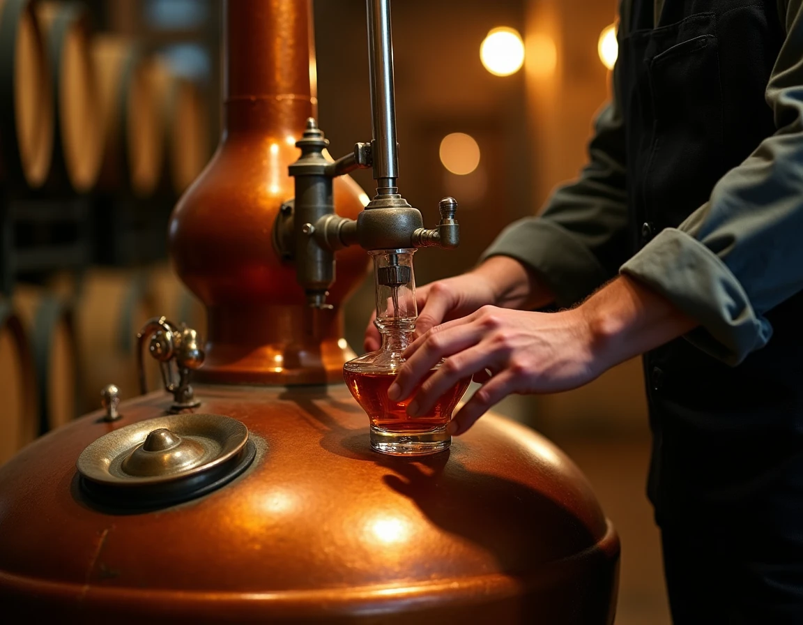 Close-up action shot of copper pot still at Yamazaki Distillery, hands of a distiller in a dark apron adjusting a valve,