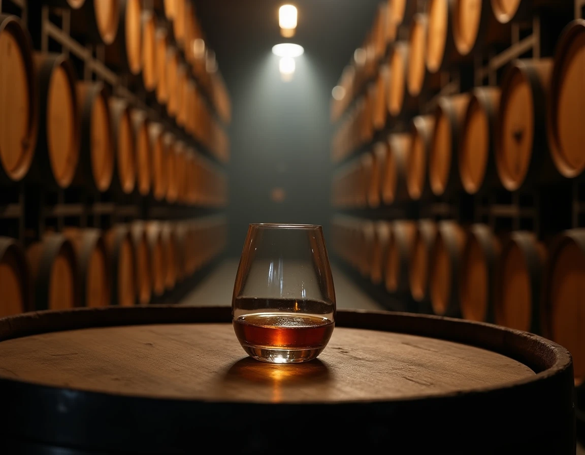 Atmospheric medium-wide shot of a Yamazaki maturation warehouse interior, rows of Japanese oak mizunara and American oak