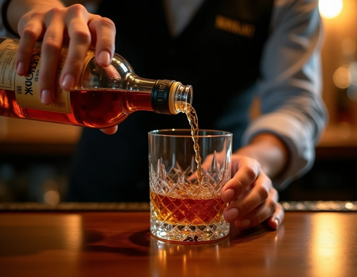 Close-up action shot of a bartender's hands carefully pouring Yamazaki 12 Year Old whisky from bottle into a crystal Gle