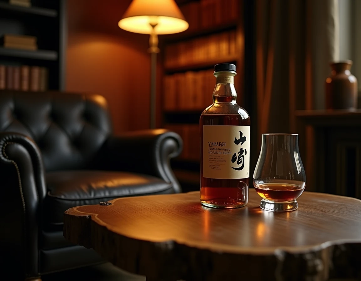 Wide-angle atmospheric shot of a private study or reading corner with a Yamazaki 12 Year Old bottle and a half-filled Gl