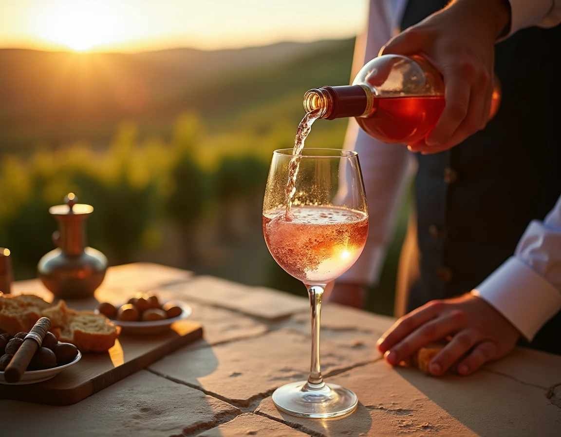 Medium close-up of a sommelier's hands carefully pouring a pale Provence rosé from a slender bottle into a wide-rimmed g