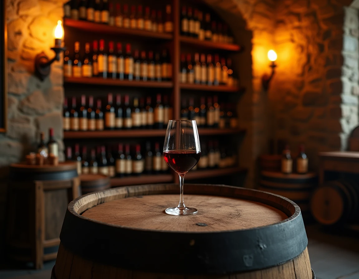 Atmospheric wide-angle interior of a candlelit-free wine cellar library with stone walls, wooden shelving filled with du
