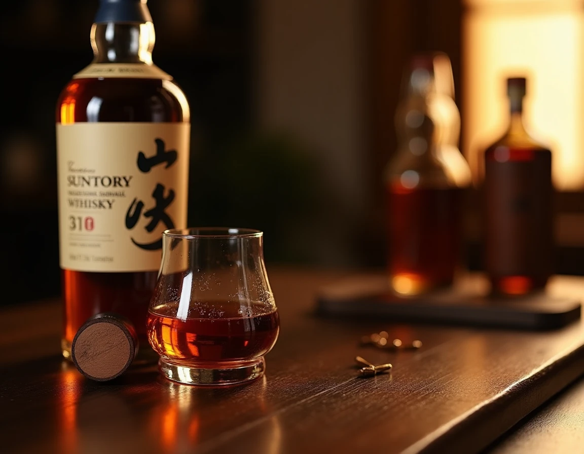 Close-up editorial photograph of a Suntory Yamazaki single malt whisky bottle and a Glencairn glass half-filled with dee