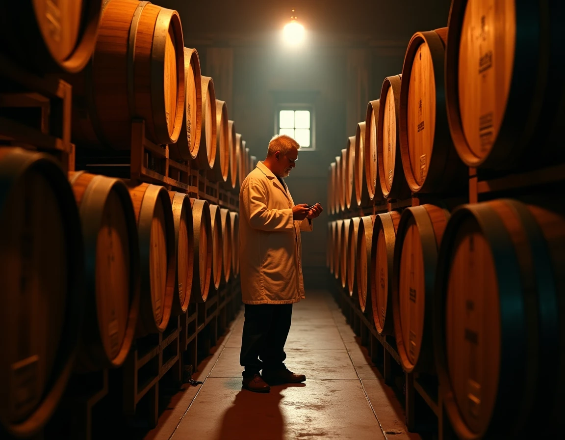 Medium-shot editorial photograph inside a dimly lit Yamazaki warehouse, rows of aging barrels stacked in wooden racks, w