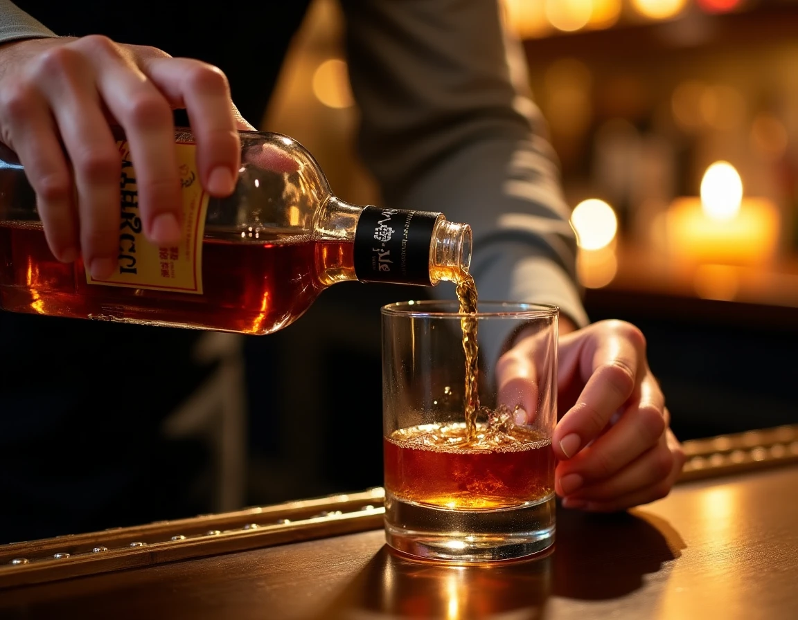 Close-up of hands carefully pouring Nikka From The Barrel whisky from its distinctive rectangular bottle into a Glencair