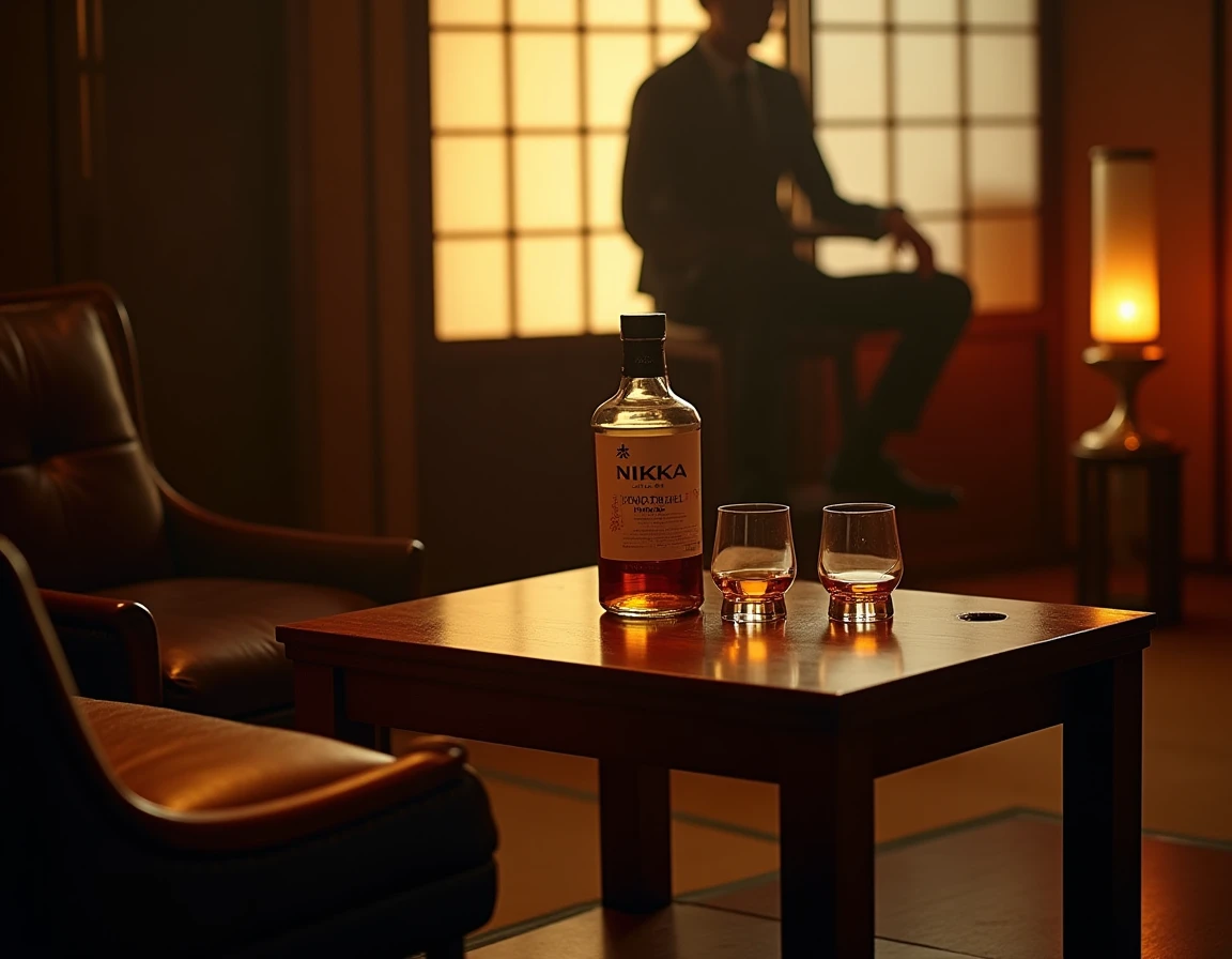 Wide editorial lifestyle shot of a dimly lit Japanese-style whisky lounge interior, low wooden table with a Nikka From T