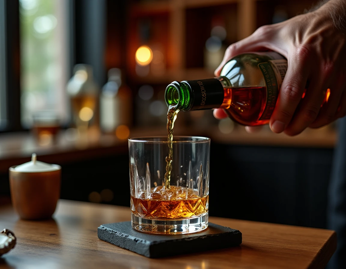 Close-up of a weathered hand slowly pouring whisky from a Laphroaig-style Islay bottle into a Glencairn glass on a slate