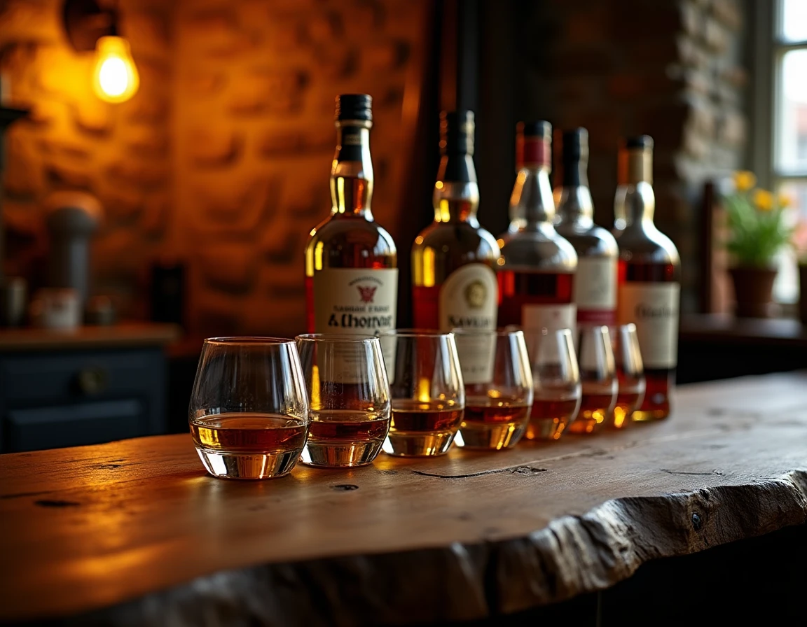 Wide editorial shot of a whisky tasting setup on a long knotted wood table inside a stone-walled cellar, five half-fille